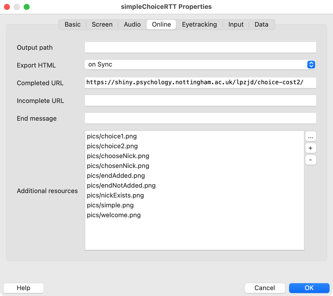 Image showing the 'Completed URL' setup in PsychoPy.
