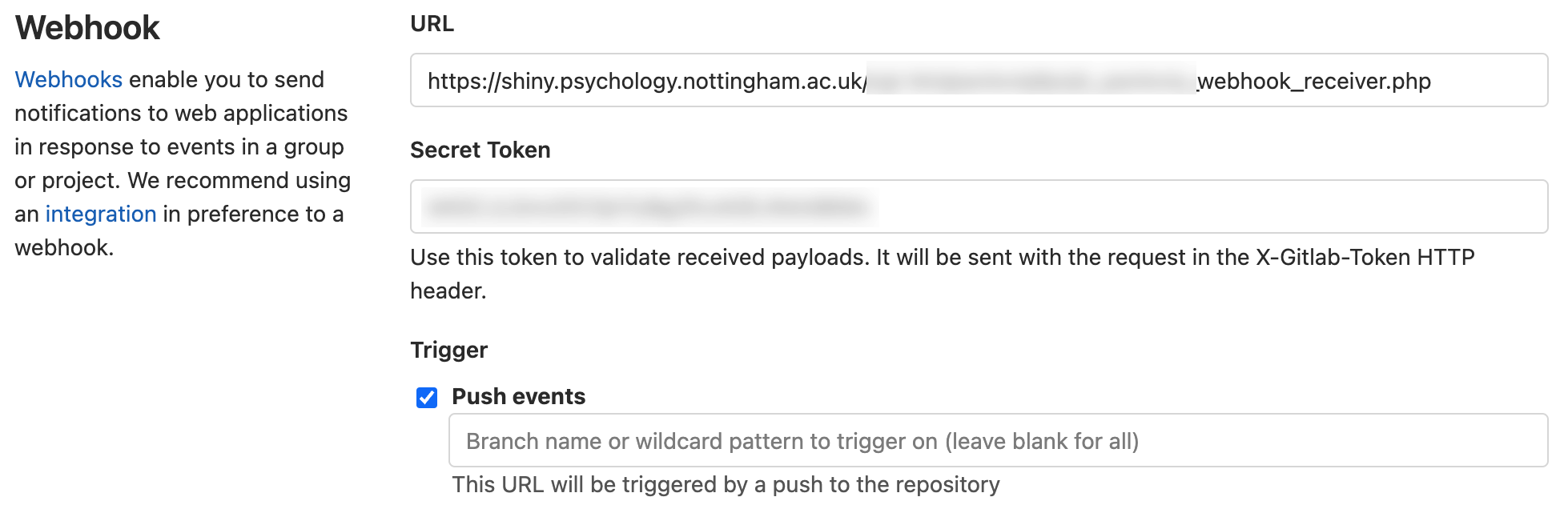 Setting up the webhook on GitLab.